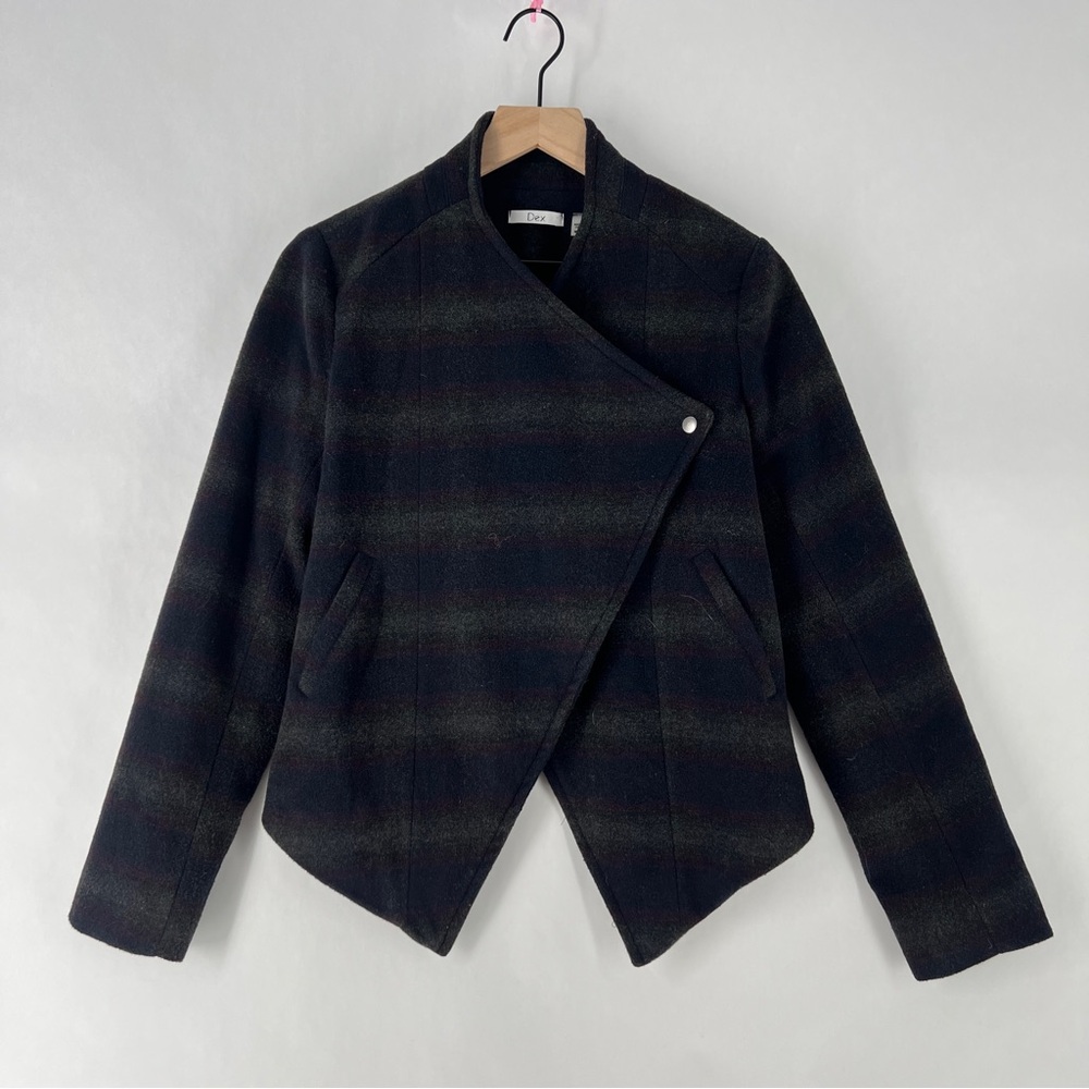 DEX Wool Blend Stylish‎ Striped Womens Crossover Asymmetric Hem Jacket